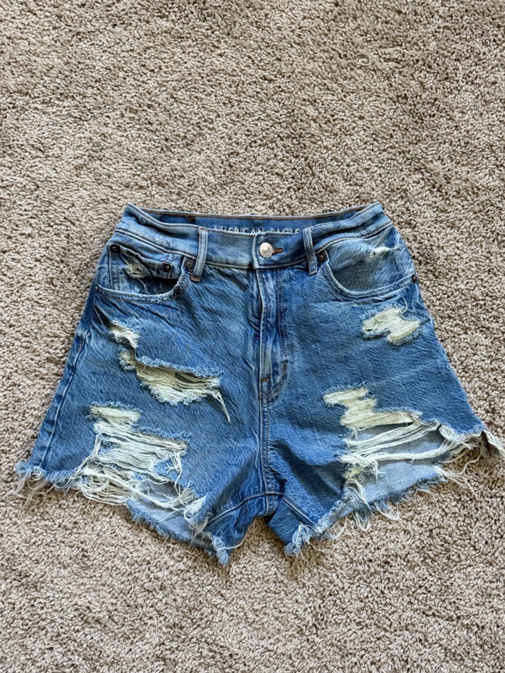 American Eagle Outfitters Distressed High-Rise Denim Shorts - Medium Blue